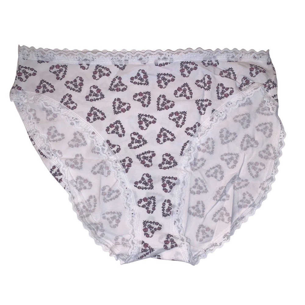Victoria's Secret Cotton Lace Trim High Leg Brief Panties White Pink Heart Large
